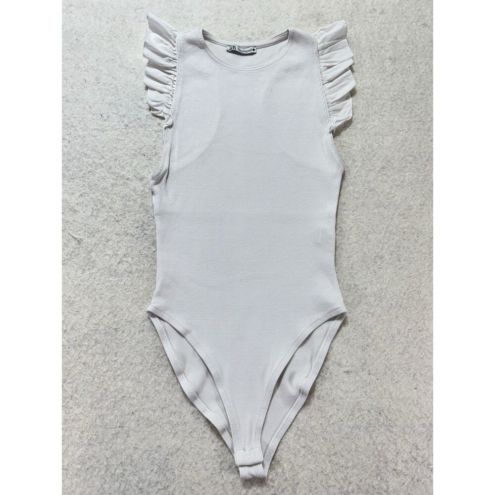 Zara Ruffle Sleeve Body Suit Sleeveless Racerback Medium White Ribbed